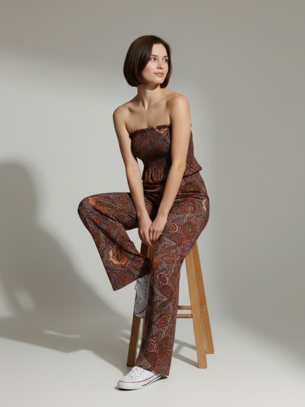 Veronica M Strapless Paisley Wide-Leg Jumpsuit in Brown Multi - Picture 2 of 7
